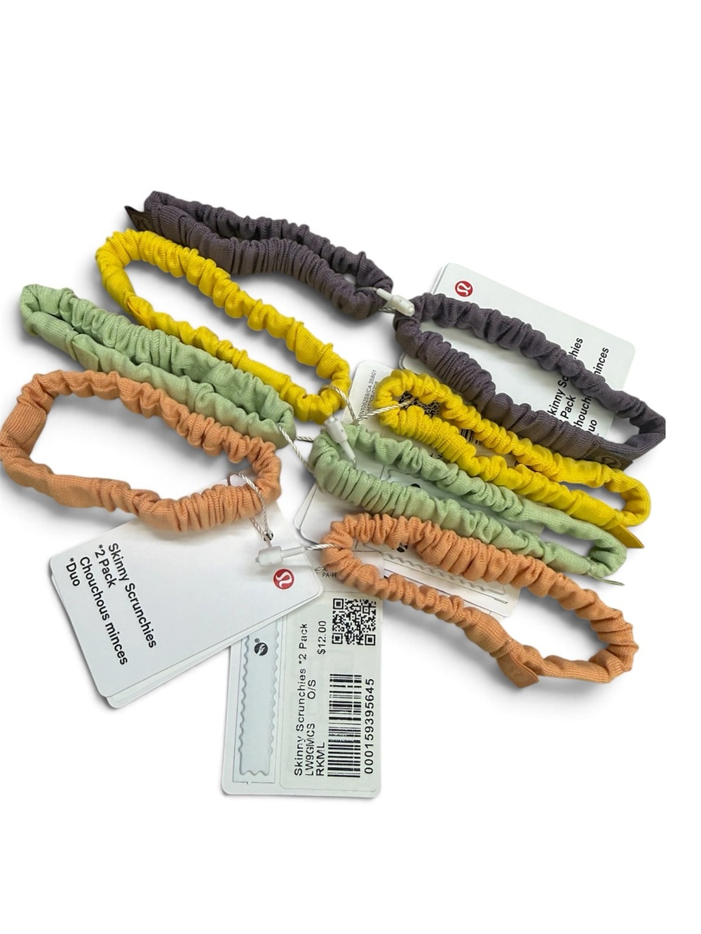 lululemon athletica Skinny Scrunchies 4-Packs of Two, Yellow, Green, Peach, Purp